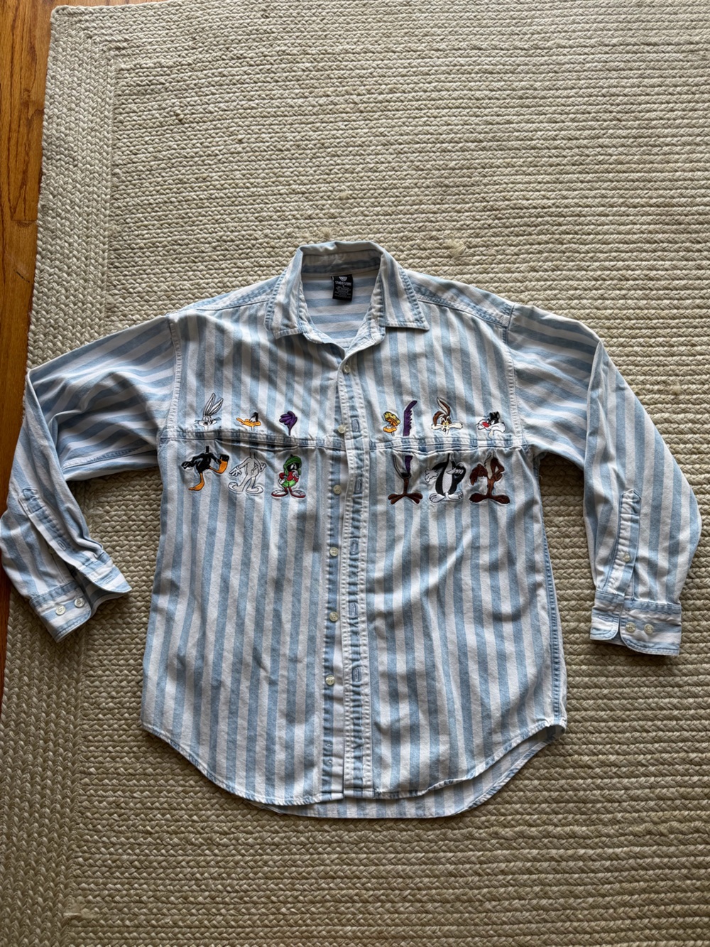 Warner Bros Looney Tunes Striped Button-Up Shirt with Embroidered Characters